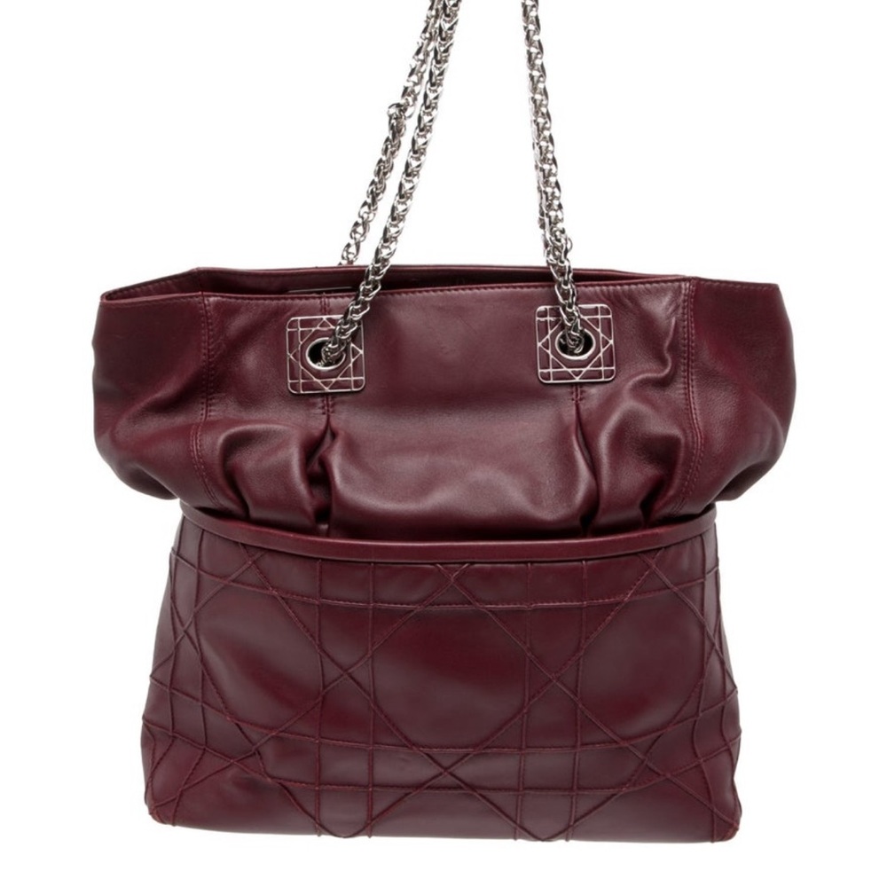Christian Dior Quilted Shoulder Bag in Burgundy with Silver Chain Handles